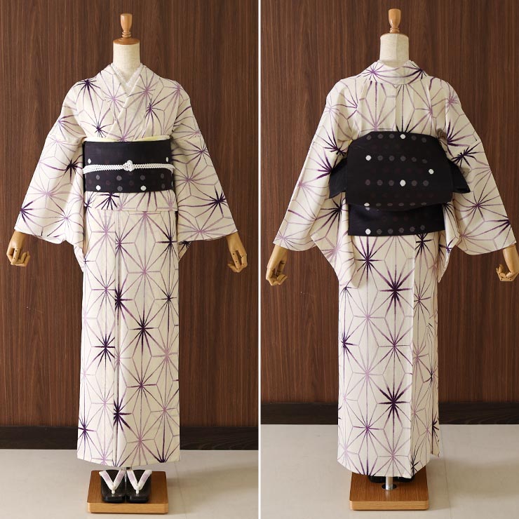 街着屋 〜きもの遊び〜の[セオα] 浴衣 にじみ麻の葉(生成り×紫色） ゆかた セオアルファ CEOα 仕立て上がり プレタ浴衣 プレタ 洗える 夏着物 夏きもの 広衿 東レ カジュアル 夏 古典柄 古典調 レトロ 麻の葉 シンプル ベージュ 上品 大人 女性 レディース 婦人用 月華美人 月下美人 (fu305s)｜アングル2