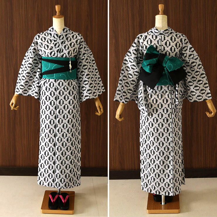 ＼2点で3％OFFクーポン／[ 洗える 浴衣 ] 籠目幾何（シロ/104-337-015-02）ゆかた バチ衿 セオα CEOα セオアルファ 仕立て上がり プレタ浴衣 プレタ 夏着物 夏きもの 単品 お洒落 レトロ かご 幾何学 パターン 上品 大人 黒 グレー 女性 レディース 婦人用 撫松庵 (ma405s)