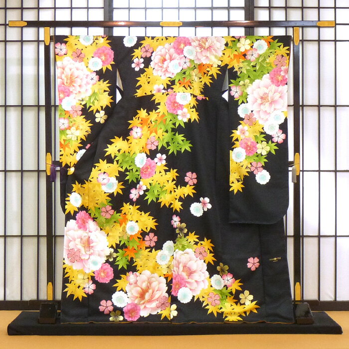 【単品】お仕立て上がり洗える振袖（袷）- 枝垂れ桜楓花（黒×山吹黄） -古典/花柄/女/レディース/洗濯可/！【新品】