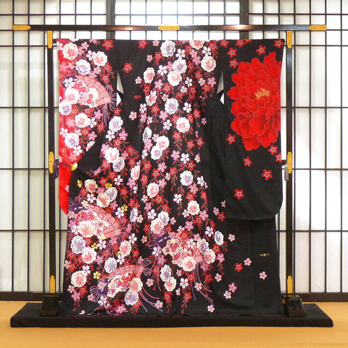 【単品】お仕立て上がり洗える振袖（袷）- 枝垂れ桜に花扇（黒） -古典/花柄/女/レディース/洗濯可/シック/個性的/クール【新品】