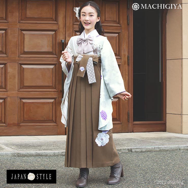 【レンタル】4泊5日 小学生 女の子 卒業式 袴 フルセット JAPAN STYLE ( アシンメトリー オフ白 ) 紫 ホワイト 茶色 白系 リボン 花柄 矢...