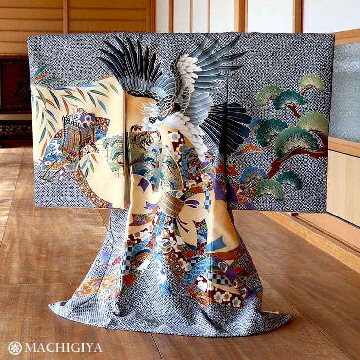 【正絹】【手描き友禅】金駒刺繍【お宮参り 産着 レンタル 男の子】絹のきもの【産着レンタル 男の子】【初着】【フルセット】着物 帽子 よだれかけ お守り 3泊4日 [往復送料無料] 白 菱文様 bb0037【レンタル】