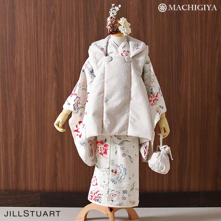 【レンタル】七五三 3歳 女の子 JILLSTUART 被布 きもの 更紗 レース 白 ベージュ GF1 着物 レンタル ジル スチュアート JILL フルセッ..