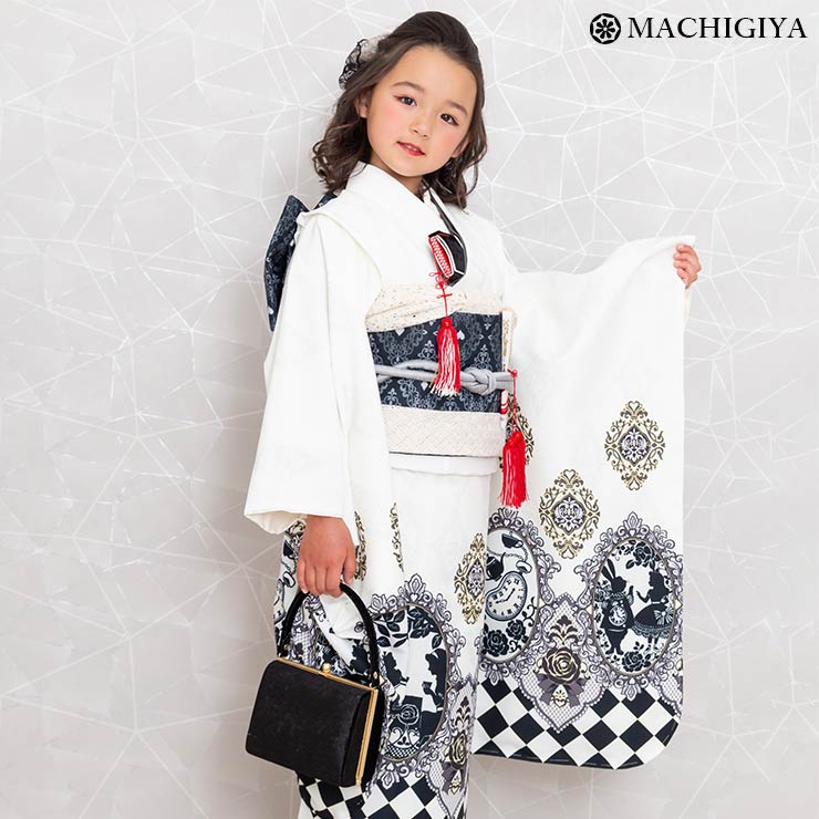 【レンタル】七五三 7歳 女の子 きもの 不思議な国の アリス クリーム 着物 四つ身 Alice In Wonderland フルセット 753 四つ身着物セ...