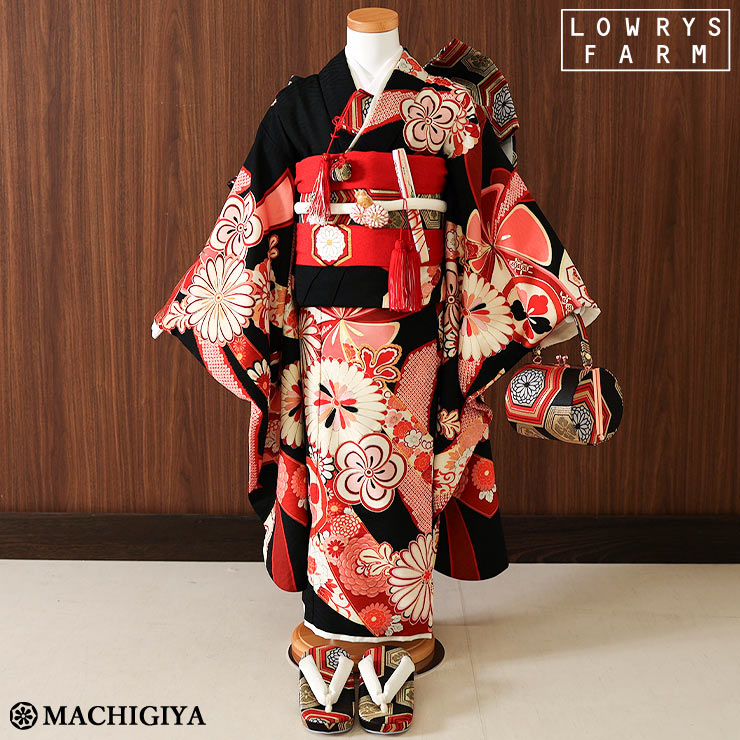 \2点で3%OFFクーポン/【レンタル】七五三 セット 7歳 女の子 着物「レトロ熨斗」絵羽 黒 金 色 ブラック LOWRYS FARM ローリーズファーム ...