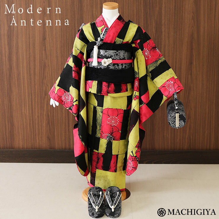 \2点で3%OFFクーポン/【レンタル】七五三 セット 7歳 女の子 着物「梅」ピンク 黒 黄 色 イエロー リボン 髪飾り Modern Antenna モダ...