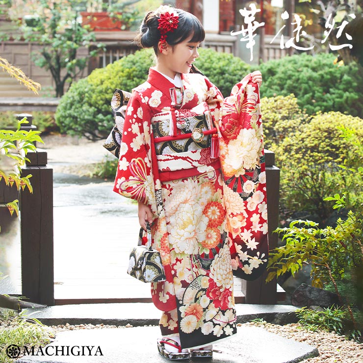 \2点で3%OFFクーポン/2025年新作 人気の赤!【レンタル】七五三 セット 7歳 女の子 着物 源氏車に花鼓 赤色 レッド 花模様 可愛い 花柄 吉祥 ア...