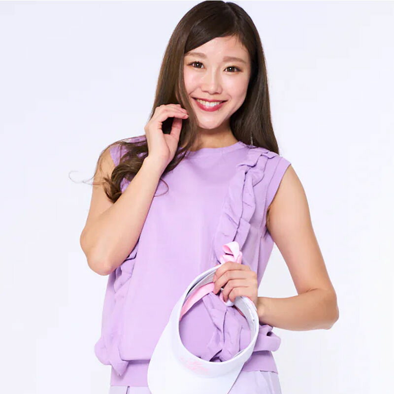 【当店在庫商品】MUスポーツ ミエコウエサコ ノースリーブサマーニット フリル付きベスト トップス パープル 紫 エムユー ロゴ かわいい エレガント 701H3208