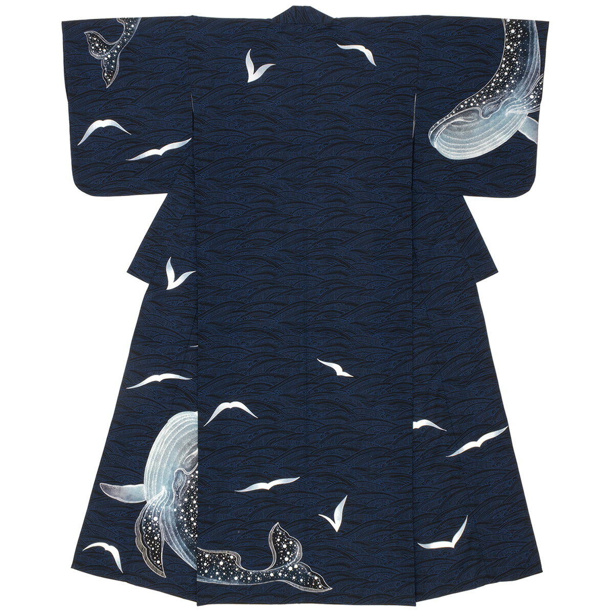 【6/4~11最大半額★全品クーポン最大1000円OFF】6/4~11 1:59まで浴衣 レディース ネイビー 紺色 波 クジラ 鯨 絵羽柄 綿 珍しい 個性的 夏祭り 花火大会 女性用 仕立て上がり【Mサイズ】【送料無料】のサムネイル
