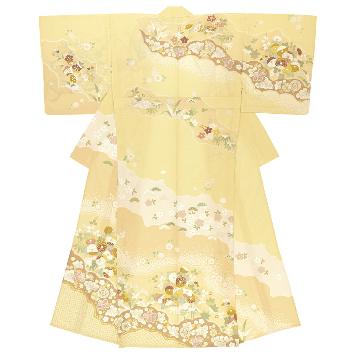 乐天商城 - 訪問着 夏 絽 単衣訪問着 礼装 正装 フォーマル イエロー カラフル 桜 雲取り 松 楓 椿 菊 鹿の子 ぼかし JAPAN STYLE（ジャパンスタイル） 仕立て上がり 送料無料