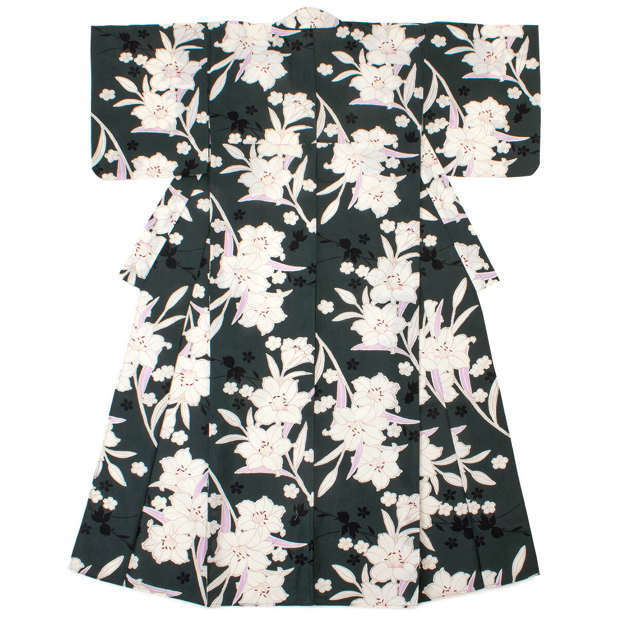 レディース浴衣　Macle by bonheur saisons　マクレ　深緑色　グリーン　白　ホワイト　百合　ユリ　ゆり　桜　金魚　花　ラメ　綿麻　夏祭り　花火大会　女性用　仕立て上がり　30代 40代　ママ　大人浴衣　【フリーサイズ】【送料無料】【あす楽対応】