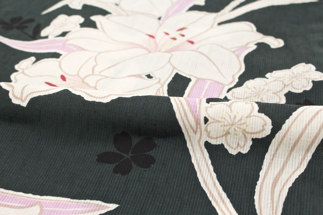 レディース浴衣　Macle by bonheur saisons　マクレ　深緑色　グリーン　白　ホワイト　百合　ユリ　ゆり　桜　金魚　花　ラメ　綿麻　夏祭り　花火大会　女性用　仕立て上がり　30代 40代　ママ　大人浴衣　【フリーサイズ】【送料無料】【あす楽対応】