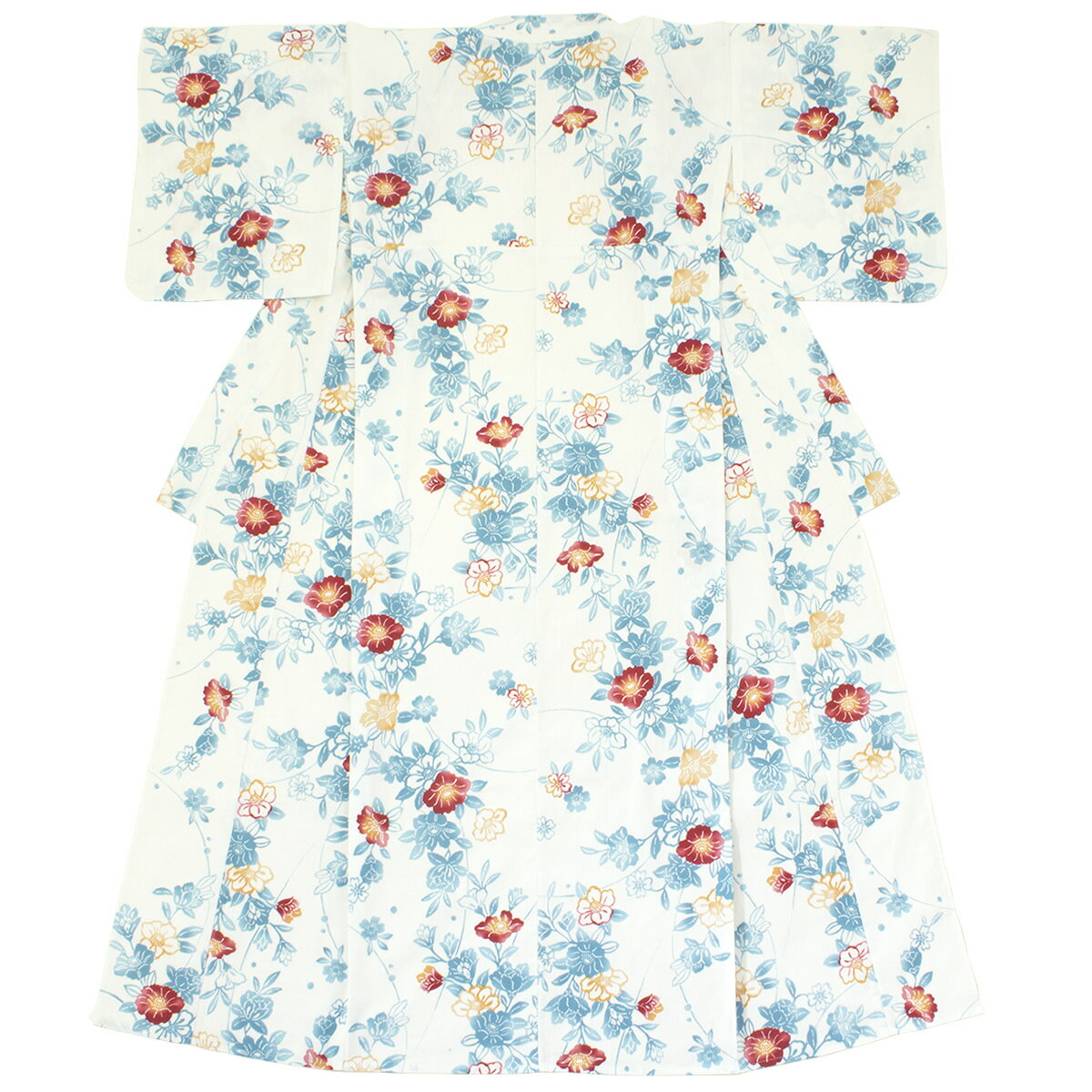 【50%OFF☆全品クーポン最大1000円OFF】6/4~11 1:59までレディース浴衣 Macle by bonheur saisons マクレ 白系 アイボリー 水色 椿 花 紅型風 花 綿 レトロ 変わり織り ボヌールセゾン 夏祭り 花火大会 女性用 仕立て上がり 【S・フリーサイズ】【送料無料】【浴衣】