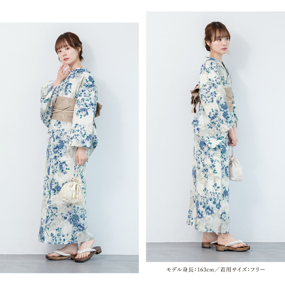 【先着100名限定】クーポンで50%OFF！4/18-4/30浴衣 セット レディース 浴衣セット 創美苑オリジナル floro 半幅帯 グレー ベージュ 青 紫陽花 花 下駄 帯 二部式 ワンピース セパレート ママ 大人 吸水速乾 簡単 フリー 送料無料