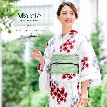 浴衣 セット レディース レトロ 浴衣セット 3点セット 白 ホワイト 赤 グレー ツツジ つつじ 躑躅 花 綿 兵児帯 女性 ボヌールセゾン マクレ 30代 40代 ママ 大人浴衣 S フリー 【送料無料】【あす楽対応】