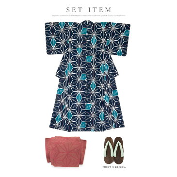 浴衣 3点セット(浴衣/兵児帯/下駄) Macle by bonheur saisons マクレ 紺系 ネイビー 赤系 麻の葉 綿 夏 女性用 浴衣セット ボヌール 30代 40代 ママ 大人浴衣 【フリーサイズ】【送料無料】【あす楽対応】