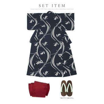 浴衣 セット レディース レトロ 浴衣セット 3点セット 紺 ネイビー 白 とんぼ トンボ 蜻蛉 立涌 流水 綿 モダン 半幅帯 女性 ボヌールセゾン マクレ 30代 40代 ママ 大人浴衣 S フリー 【送料無料】【あす楽対応】【浴衣 セット】