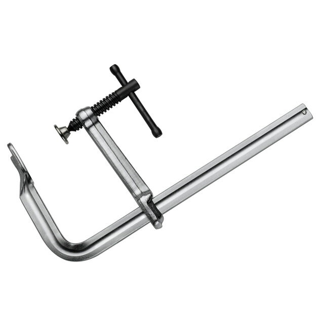 商品説明 ・クランプ能力：500 mm ・締付力：6,500 N ・焼入れ加工されたプロファイルレール ・鍛造製の固定ジョーおよびスライダー ・ねじ式締付構造 ・30°回転ボールジョイントジョー ・亜鉛メッキ仕上げのレールおよびスライダー