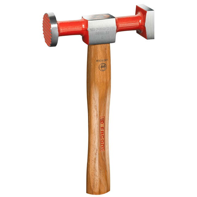 商品説明 ストレッチング＆プラニッシングハンマー。 片面は丸形リブ付きフェイス、もう片面は角形スムースフェイス。 ハンドルは確実に固定されています。 ・ヒッコリー材ハンドル ・交換用ハンドルおよびウェッジ：211.MH26 ・フェイスサイズ：30 mm／35 mm