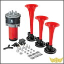 GWセール!!【送料無料!!】SEGER製 トリプル エアーホーン 3連 レッド コンプレッサー付き 12V専用