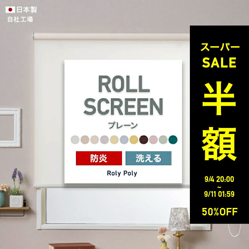 [10％OFF×25日限定クーポン+P10倍25日20時〜4時間]ロールスクリーン ロールカーテン 防炎 洗える プレーン 施設 ホテル 店舗 目隠し 間仕切り 階段 ふすま 押入れ ロールスクリーン ローリーポーリー プレーン 防炎 洗える ウォッシャブル仕様 幅45.5〜80cm 丈81〜120cm RSN