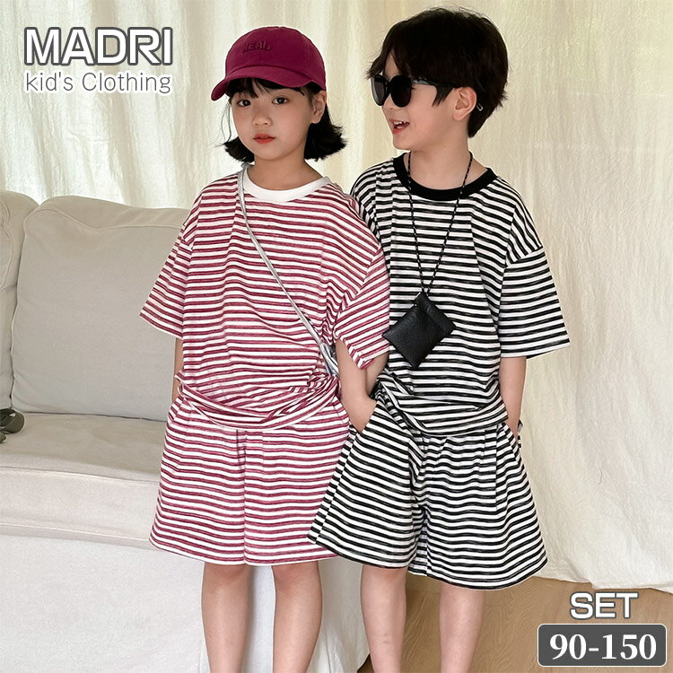 夏韓国子供服ボーダーセットアップキ...