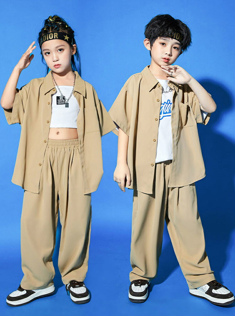 ベージュ ダンス衣装 キッズダンス衣装 男の子 女の子 セットアップ ユニセックス シャツ ゆったり パンツ 無地 ダンスウェア ステージ衣装 演出服 舞台服 練習着 ヒップホップ 上下セット キッズ ジュニア カジュアルパンツ 普段着 子供服 派手 ジャージ jazz ジャズダンス