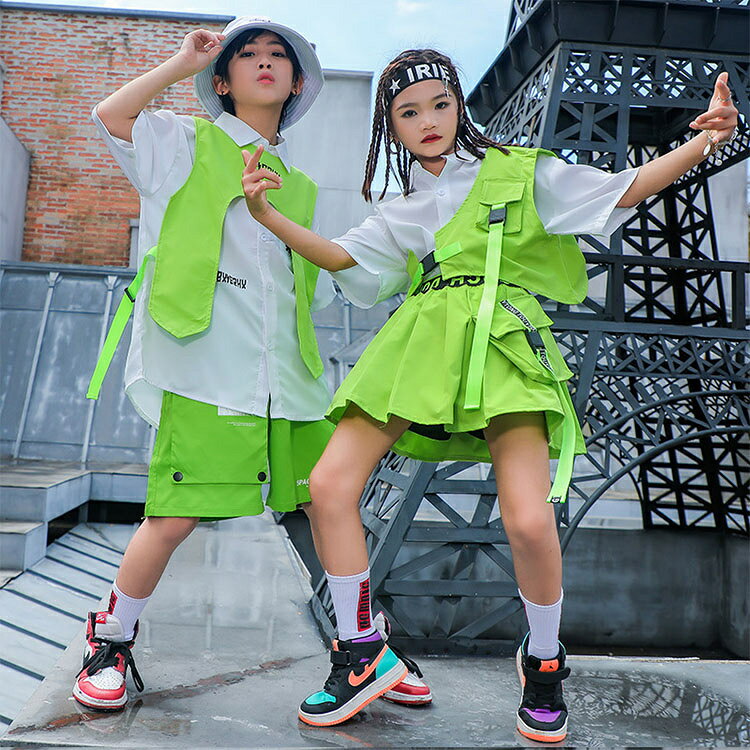 蛍光 グリーン ベスト チアガール キッズダンス衣装 ステージ衣装 派手 tシャツ ミ...