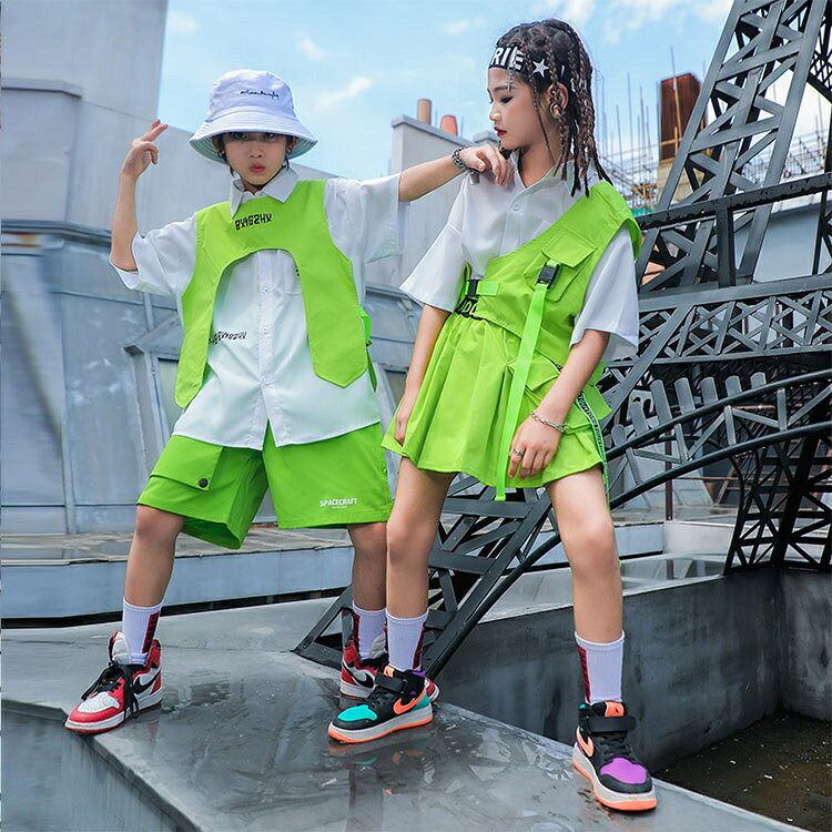 蛍光 グリーン ベスト チアガール キッズダンス衣装 ステージ衣装 派手 tシャツ ミ...