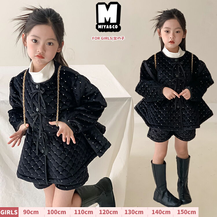 女の子 中綿コート ショート丈 水玉 チェック 入学式 フォーマル セットアップ キッズ2点セット 短パンセット 黒 ジャケット 上品 冠婚葬祭 卒業式 発表会...