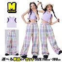 パープル チェック カーゴパンツ 紫 ワイドパンツ キッズダンス衣装 セットアップ チアガール キッズ ダンスウェア 紫 トップス ヘソ出し 女の子 応援団 可...