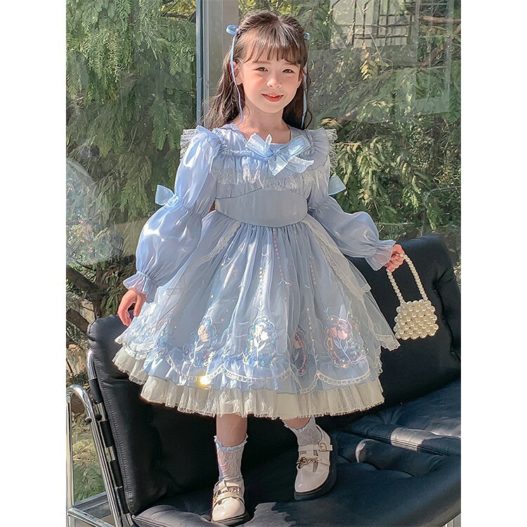 ロリータ 子供 ワンピース 子供ドレス 水色 ブルー 膝丈 長袖 フリル 蝶結び 髪飾り付け レース コスプレ ハロウィン衣装 仮装 姫様 キッズ lolita 女の子 女児 コスチューム童話 コスプレ衣装 子供 文化祭 宴会 舞台 誕生日 パーティ クリスマス仮装 かわいい イベント