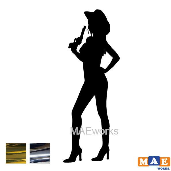 金銀メッキカラー セクシー ステッカー 女性シルエット カッティングステッカー 車 バイク ヘルメット ツールボックス マエワークスオリジナル sexy シール カウガール ガンマン風 銃 SL-E06m