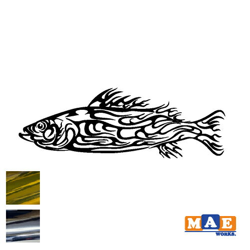 樂天商城 - 金銀メッキカラー トライバル カッティングステッカー スズキ すずき 鱸 シーバス 釣り 魚 フィッシング アウトドア 海 車 バイク クーラーボックス バケツ かっこいい マエワークス オリジナル TF-14m