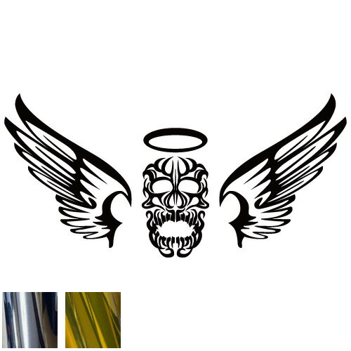金銀メッキカラー トライバルカッティングステッカー スカルエンジェル ドクロ 骸骨 翼 フェザー 天使 ..