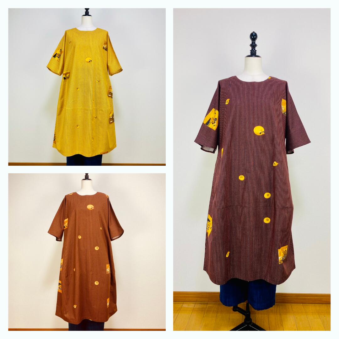 【安曇野染め】 切替コクーンワンピース 3カラー ストライプ 柿柄 ゆったり ミセス 40代 50代 ...