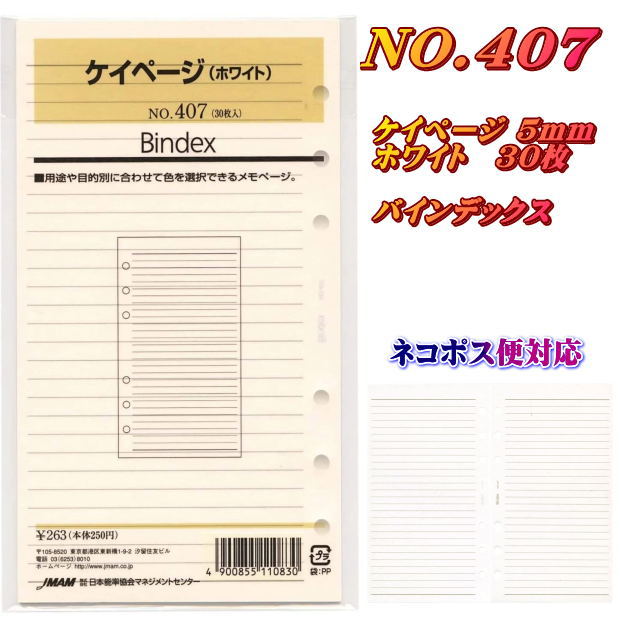 システム手帳 リフィル レフィル 中紙 バイブル 聖書 B6 6穴 ケイページ 罫線 5.4mm リフィール ホワイト 30枚入 Bindex バインデックス 日本能率協会 407 書きやすい 手帳専用紙 メモ ノート