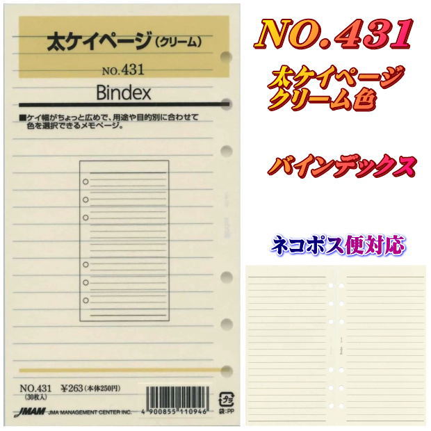 システム手帳 リフィル バイブル 太ケイページ 太い罫線 B6 聖書サイズ 6穴 クリーム色 アイボリー431 バインデックス【ネコポス便対応】