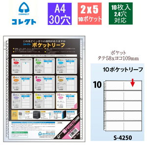 透明ポケット A4 30穴 バインダー 替え紙 10ポケット 2列x5段 透明度が高い高級ルーズリーフリフィル クリヤーブック 推し活 オタ活 10枚入り S-4250 コレクト