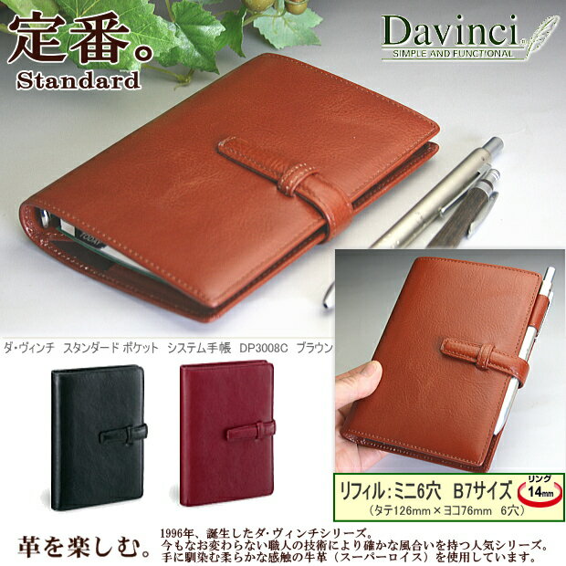 システム手帳 ミニ6穴 M6 B7 ポケット 本革 牛革 DP3008 ダ・ヴィンチ Davinci 高級感 社会人 リフィルセット付 名入れ可能 レイメイ藤井