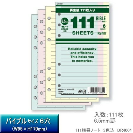 【楽天1位】システム手帳 リフィル バイブル B6 聖書サイズ 大容量 レフィル 徳用ノート カラー用紙 3色 罫線 6.5mm横罫 DR4004【ネコポス便対応】