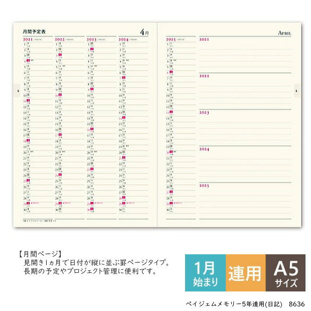 日記帳 5年連用 2027年〜2031年 ペイジェムメモリー A5 日本能率協会 8636 5年日記 ハードカバー 日付入り PAGEM NOLTY ギフト JMAM (3)