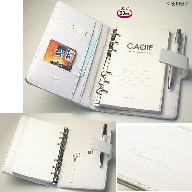 白い革にピンクの花模様のシステム手帳　おしゃれ　バイブルサイズ