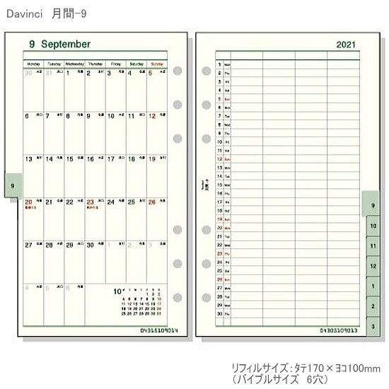システム手帳 リフィル 2026年 月間-9 バイブルサイズ 6穴 ダ・ヴィンチ DR2649　...