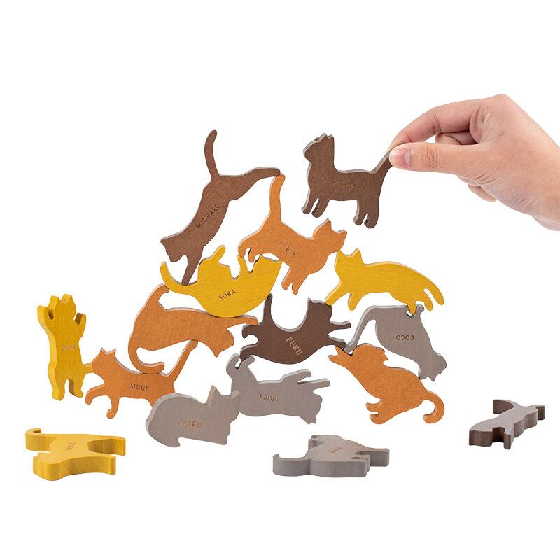 動物バランス積み木 ねこ おもちゃ 16点セット｜木製 積み木 知育玩具 子ども バランスゲーム パズル タワー 積み上…