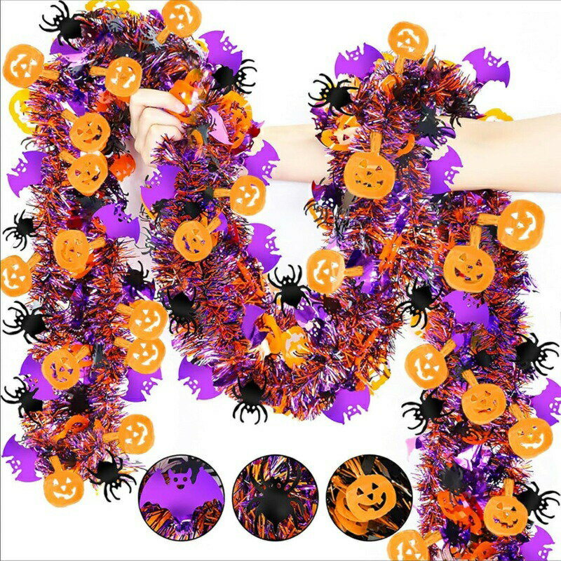 Rakuten - ハロウィン飾り かぼちゃモール 6本セット メッキモール キラキラガーランド コウモリ 蜘蛛 雰囲気づくり 吊り下げ飾り ハロウィンパーティー 幼稚園 教室 バー ガーデン装飾 2m