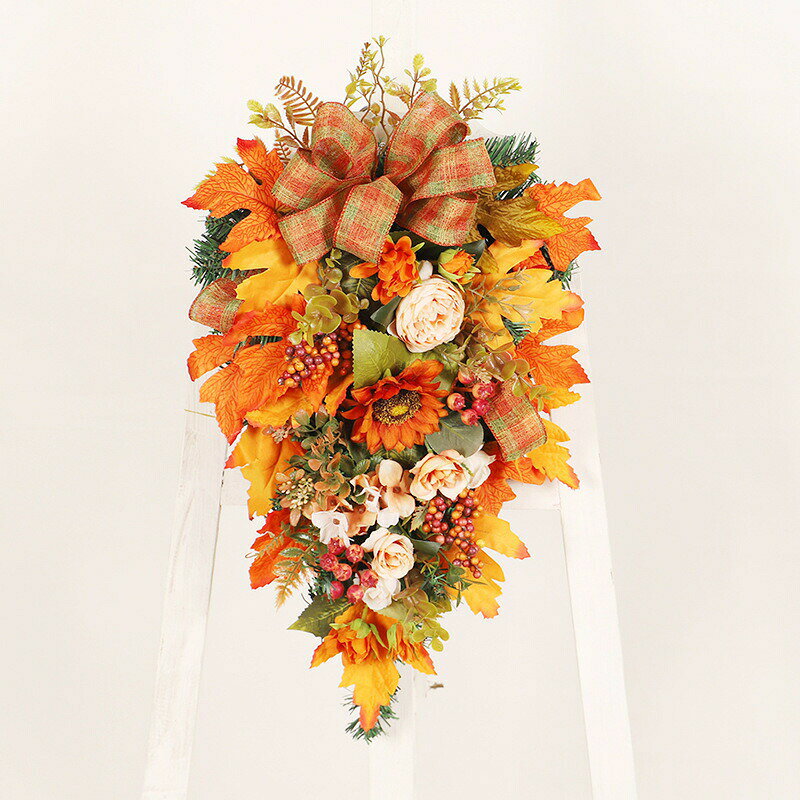 Rakuten - 秋リース メープルリーフ 造花 花輪 感謝祭 リース ガーランド ハロウィン 玄関飾り 壁掛け 庭園飾り デコレーション ドア ぶら下げ飾り