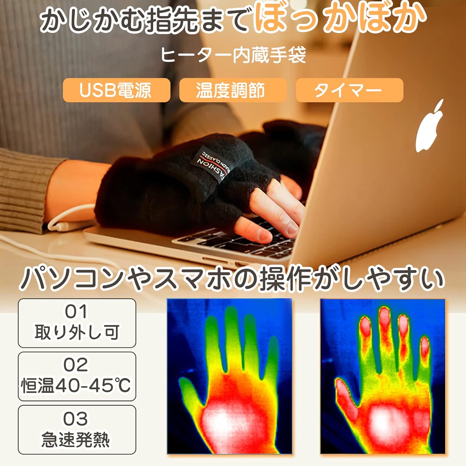 電熱グローブ ヒーター付き 柔らかい 電熱手袋 防寒手袋 指切り カバー 2way グロ...