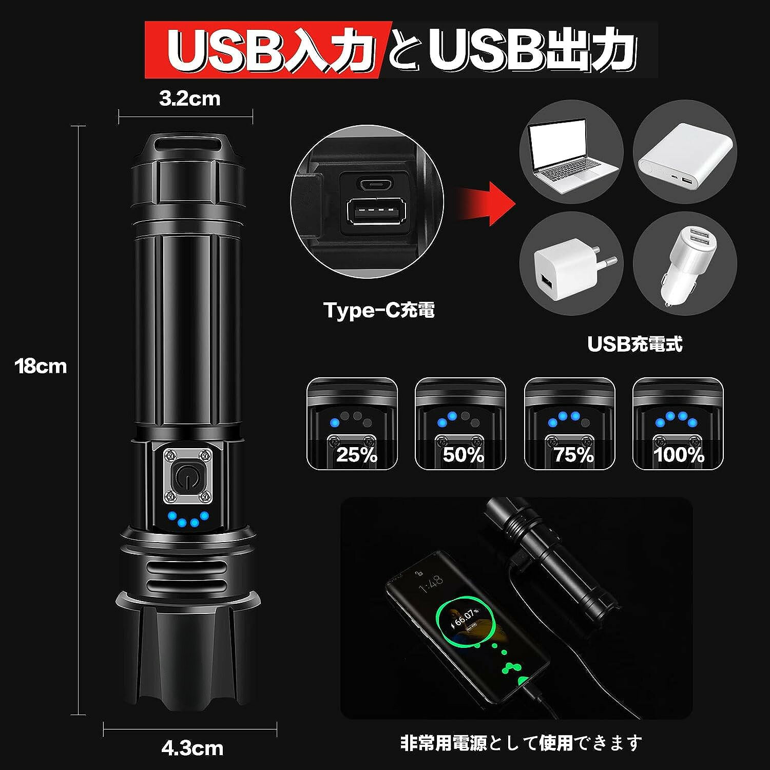 懐中電灯 led 強力 軍用 最強 超高輝度 20000ルーメン フラッシュライト 充電式 ハンディライト XHP70.2 超強力ライト 電池式 ハンドライト明るい IP67防水 5モード調光 ズーム調整可能 防災/登山/夜釣り/地震/災害/停電対策/大容量 maelove-10020101 Maelove サンプル画像3