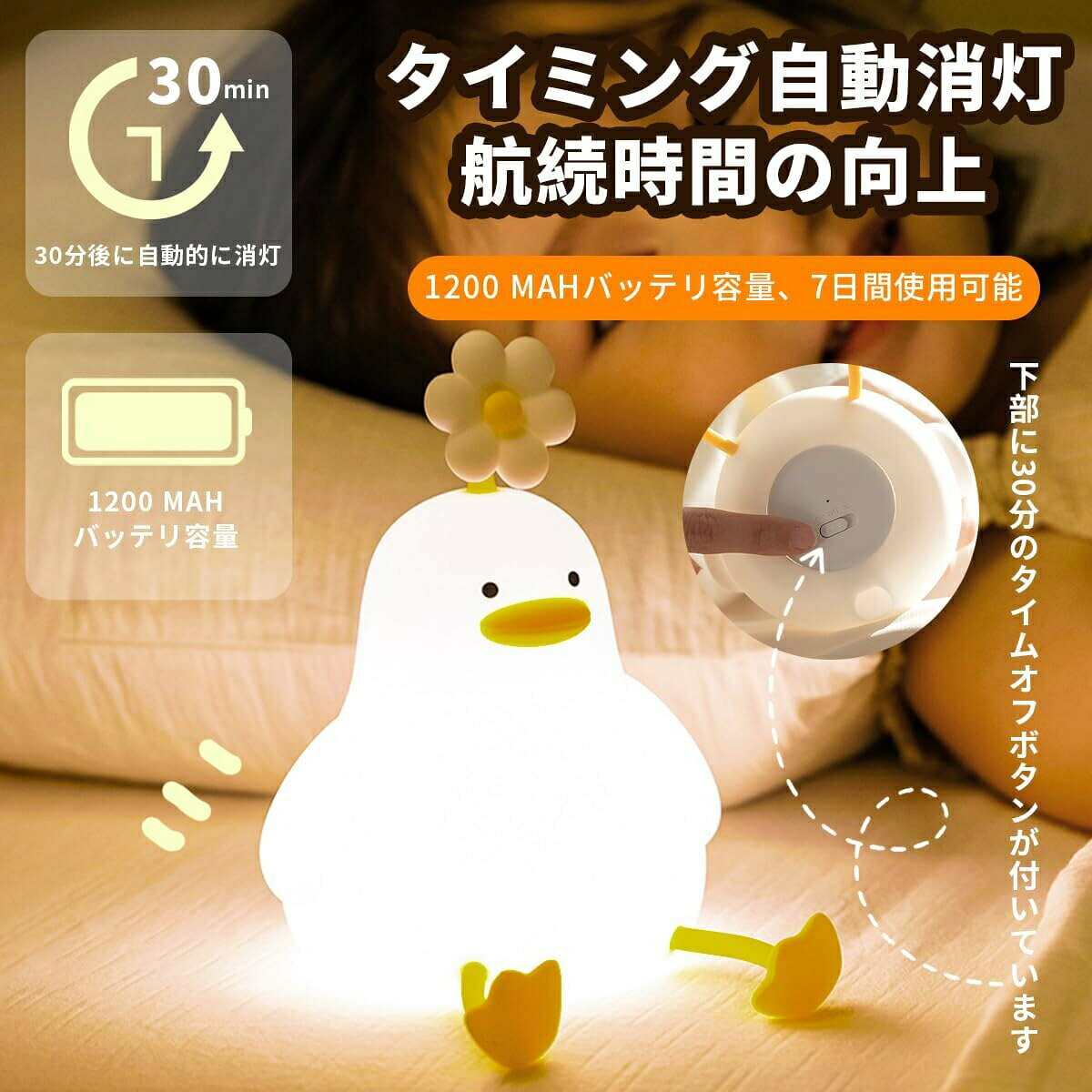 ナイトライト かわいい 怠けアヒル型ライト デスクライト LED ランプ あひる型 スマホスタンド機能 USB充電式 タイマー付き 3段階調光 子供 [3]